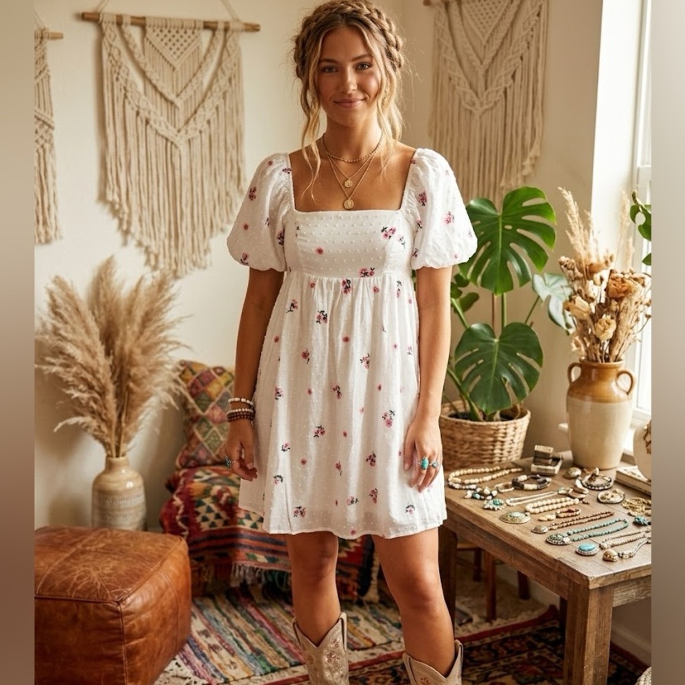 Storia Roses White Pink Swiss Dot Enchanted Puffed Sleeve Whimsical Dress
